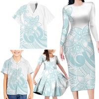 Polynesian Tribal Plumeria Lotu Tamaiti Family Matching Long Sleeve Bodycon Dress and Hawaiian Shirt Pastel Cyan - Polynesian Pride