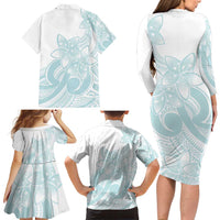 Polynesian Tribal Plumeria Lotu Tamaiti Family Matching Long Sleeve Bodycon Dress and Hawaiian Shirt Pastel Cyan - Polynesian Pride