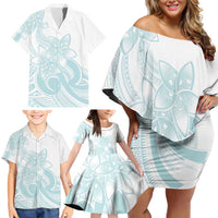 Polynesian Tribal Plumeria Lotu Tamaiti Family Matching Off Shoulder Short Dress and Hawaiian Shirt Pastel Cyan - Polynesian Pride