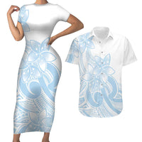 Polynesian Tribal Plumeria Lotu Tamaiti Couples Matching Short Sleeve Bodycon Dress and Hawaiian Shirt Pastel Sky Blue - Polynesian Pride