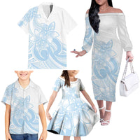 Polynesian Tribal Plumeria Lotu Tamaiti Family Matching Off The Shoulder Long Sleeve Dress and Hawaiian Shirt Pastel Sky Blue - Polynesian Pride