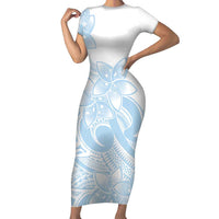 Polynesian Tribal Plumeria Lotu Tamaiti Short Sleeve Bodycon Dress Pastel Sky Blue - Polynesian Pride