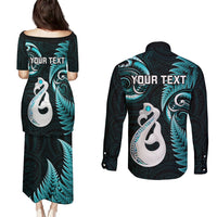 Personalised New Zealand Couples Puletasi Dress and Long Sleeve Button Shirts Aotearoa Silver Fern With Manaia Maori Unique Turquoise LT14 - Polynesian Pride