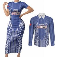 Custom Manu Samoa Rugby 2026 Couples Matching Short Sleeve Bodycon Dress and Long Sleeve Button Shirt Samoan Pattern LT14 Blue - Polynesian Pride