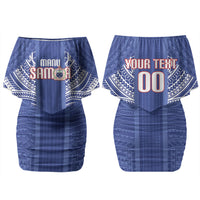 Custom Manu Samoa Rugby 2026 Family Matching Off Shoulder Short Dress and Hawaiian Shirt Samoan Pattern LT14 Mom's Dress Blue - Polynesian Pride