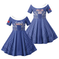 Custom Manu Samoa Rugby 2026 Family Matching Off Shoulder Short Dress and Hawaiian Shirt Samoan Pattern LT14 Daughter's Dress Blue - Polynesian Pride