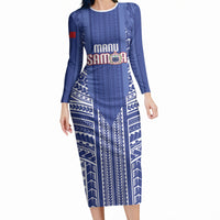 Custom Manu Samoa Rugby 2026 Long Sleeve Bodycon Dress Samoan Pattern LT14 Long Dress Blue - Polynesian Pride