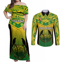 Papua New Guinea Rugby Couples Matching Off Shoulder Maxi Dress and Long Sleeve Button Shirts Enga Mioks PNG Polynesian Pattern LT14 Green - Polynesian Pride