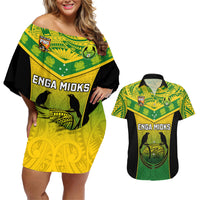 Papua New Guinea Rugby Couples Matching Off Shoulder Short Dress and Hawaiian Shirt Enga Mioks PNG Polynesian Pattern LT14 Green - Polynesian Pride