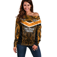 Papua New Guinea Rugby Off Shoulder Sweater Lae Snax Tigers PNG Polynesian Pattern LT14 Women Orange - Polynesian Pride