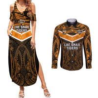 Custom Papua New Guinea Rugby Couples Matching Summer Maxi Dress and Long Sleeve Button Shirts Lae Snax Tigers PNG Polynesian Pattern LT14 Orange - Polynesian Pride