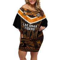 Custom Papua New Guinea Rugby Off Shoulder Short Dress Lae Snax Tigers PNG Polynesian Pattern LT14 Women Orange - Polynesian Pride