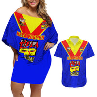 Papua New Guinea Rugby Couples Matching Off Shoulder Short Dress and Hawaiian Shirt Hela Wigmen PNG Polynesian Pattern LT14 Blue - Polynesian Pride