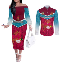 Papua New Guinea Rugby Couples Matching Off The Shoulder Long Sleeve Dress and Long Sleeve Button Shirts Goroka Lahanis PNG Polynesian Pattern LT14 Red - Polynesian Pride
