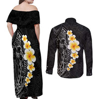 Black Tropical Plumeria With Galaxy Polynesian Art Couples Matching Off Shoulder Maxi Dress and Long Sleeve Button Shirt LT14 - Polynesian Pride