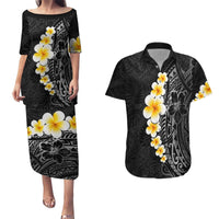 Black Tropical Plumeria With Galaxy Polynesian Art Couples Matching Puletasi and Hawaiian Shirt LT14 Black - Polynesian Pride