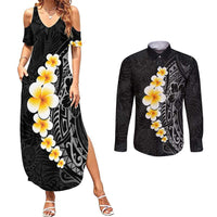 Black Tropical Plumeria With Galaxy Polynesian Art Couples Matching Summer Maxi Dress and Long Sleeve Button Shirt