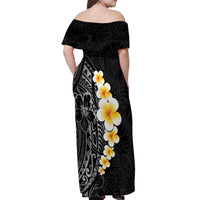 Black Tropical Plumeria With Galaxy Polynesian Art Off Shoulder Maxi Dress LT14 - Polynesian Pride