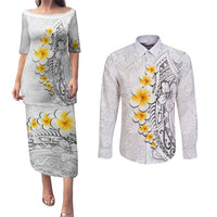 White Tropical Plumeria With Galaxy Polynesian Art Couples Matching Puletasi and Long Sleeve Button Shirt LT14 White - Polynesian Pride