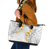 White Tropical Plumeria With Galaxy Polynesian Art Leather Tote Bag LT14 White - Polynesian Pride