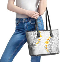 White Tropical Plumeria With Galaxy Polynesian Art Leather Tote Bag LT14 - Polynesian Pride