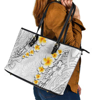 White Tropical Plumeria With Galaxy Polynesian Art Leather Tote Bag LT14 - Polynesian Pride