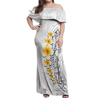 White Tropical Plumeria With Galaxy Polynesian Art Off Shoulder Maxi Dress LT14 Women White - Polynesian Pride