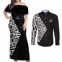 New Zealand Silver Fern Rugby Custom Couples Matching Off Shoulder Maxi Dress and Long Sleeve Button Shirt Maori Koru Go Black Fern - Polynesian Pride