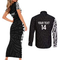 New Zealand Silver Fern Rugby Custom Couples Matching Short Sleeve Bodycon Dress and Long Sleeve Button Shirt Maori Koru Go Black Fern - Polynesian Pride