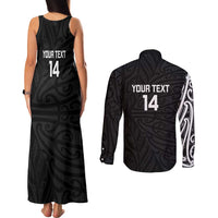 New Zealand Silver Fern Rugby Custom Couples Matching Tank Maxi Dress and Long Sleeve Button Shirt Maori Koru Go Black Fern - Polynesian Pride