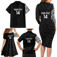 New Zealand Silver Fern Rugby Custom Family Matching Long Sleeve Bodycon Dress and Hawaiian Shirt Maori Koru Go Black Fern - Polynesian Pride