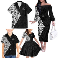 New Zealand Silver Fern Rugby Custom Family Matching Off The Shoulder Long Sleeve Dress and Hawaiian Shirt Maori Koru Go Black Fern - Polynesian Pride