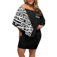 New Zealand Silver Fern Rugby Custom Family Matching Off Shoulder Short Dress and Hawaiian Shirt Maori Koru Go Black Fern - Polynesian Pride