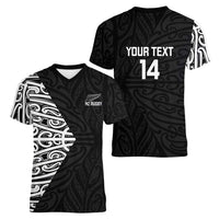 New Zealand Silver Fern Rugby Custom Women V-Neck T-Shirt Maori Koru Go Black Fern - Polynesian Pride