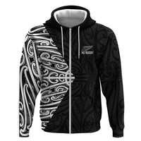 New Zealand Silver Fern Rugby Custom Zip Hoodie Maori Koru Go Black Fern - Polynesian Pride