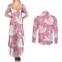 Pink Aloha Hawaii Couples Matching Summer Maxi Dress and Long Sleeve Button Shirt Monstera Hibiscus Plumeria Seamless Vibes - Polynesian Pride