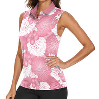 Pink Aloha Hawaii Women Sleeveless Polo Shirt Monstera Hibiscus Plumeria Seamless Vibes - Polynesian Pride