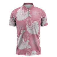 Pink Aloha Hawaii Zipper Polo Shirt Monstera Hibiscus Plumeria Seamless Vibes - Polynesian Pride