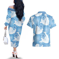 Blue Aloha Hawaii Couples Matching Off The Shoulder Long Sleeve Dress and Hawaiian Shirt Monstera Hibiscus Plumeria Seamless Vibes - Polynesian Pride