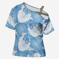 Blue Aloha Hawaii Cross Shoulder Shirt Monstera Hibiscus Plumeria Seamless Vibes - Polynesian Pride