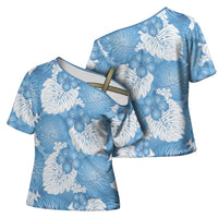 Blue Aloha Hawaii Cross Shoulder Shirt Monstera Hibiscus Plumeria Seamless Vibes - Polynesian Pride