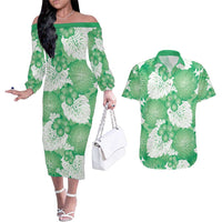 Green Aloha Hawaii Couples Matching Off The Shoulder Long Sleeve Dress and Hawaiian Shirt Monstera Hibiscus Plumeria Seamless Vibes - Polynesian Pride