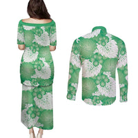 Green Aloha Hawaii Couples Matching Puletasi and Long Sleeve Button Shirt Monstera Hibiscus Plumeria Seamless Vibes - Polynesian Pride