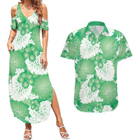 Green Aloha Hawaii Couples Matching Summer Maxi Dress and Hawaiian Shirt Monstera Hibiscus Plumeria Seamless Vibes - Polynesian Pride