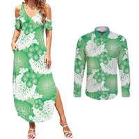 Green Aloha Hawaii Couples Matching Summer Maxi Dress and Long Sleeve Button Shirt Monstera Hibiscus Plumeria Seamless Vibes - Polynesian Pride