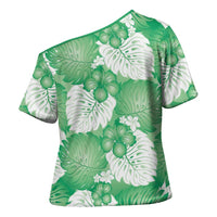 Green Aloha Hawaii Cross Shoulder Shirt Monstera Hibiscus Plumeria Seamless Vibes - Polynesian Pride
