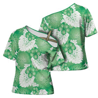 Green Aloha Hawaii Cross Shoulder Shirt Monstera Hibiscus Plumeria Seamless Vibes - Polynesian Pride