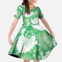 Green Aloha Hawaii Kid Short Sleeve Dress Monstera Hibiscus Plumeria Seamless Vibes - Polynesian Pride