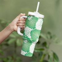 Green Aloha Hawaii Tumbler With Handle Monstera Hibiscus Plumeria Seamless Vibes - Polynesian Pride