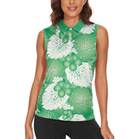 Green Aloha Hawaii Women Sleeveless Polo Shirt Monstera Hibiscus Plumeria Seamless Vibes - Polynesian Pride